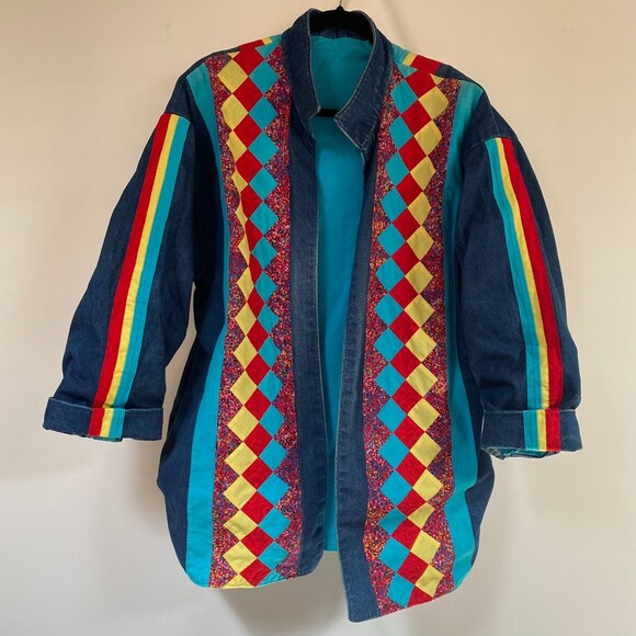 VTG Handmade Patchwork Pockets Lined Jean Jacket Retro Boho Festival Size XXL - Picture 3 of 12